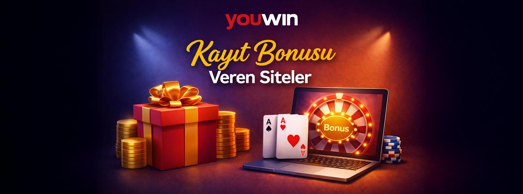 Hediye kutusu, altın paralar ve bilgisayar ekranında bonus teması bulunan tanıtım görseli