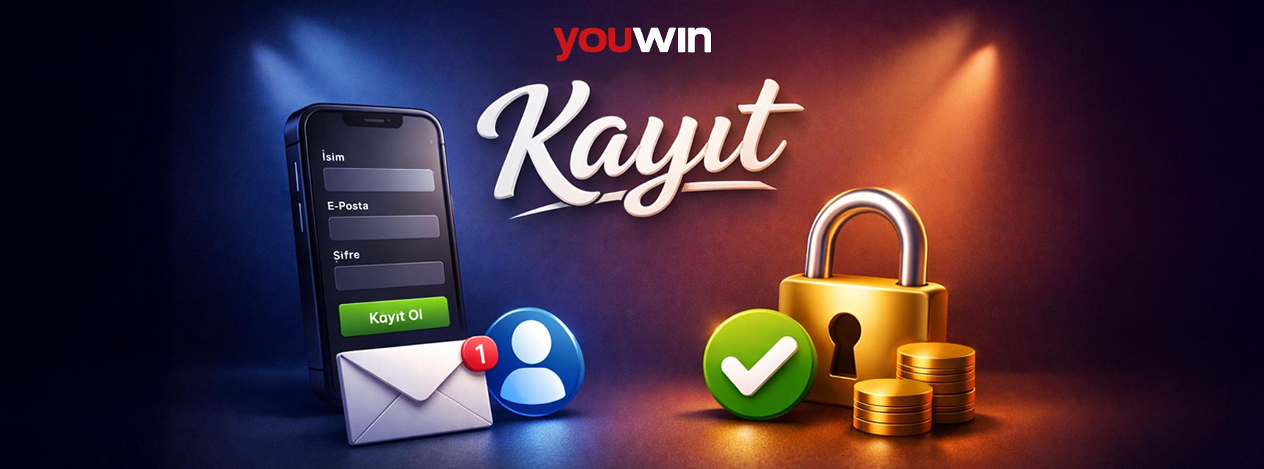 Kayıt formu açık olan telefon ekranı, kilit simgesi ve onay işaretleri bulunan görsel